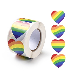 Rainbow Heart Roll Stickers, Self-Adhesive Paper Gift Tag Stickers, for Party, Decorative Presents, Colorful, Rainbow Pattern, 38x38x0.1mm, about 500pcs/roll