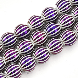 Indigo Electroplate Glass Beads, Round with Stripe, Indigo, 10mm, Hole: 1mm, about 30pcs/strand, 11.41 inch