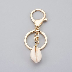 Golden Cowrie Shell Keychain, with Alloy Key Clasps, Bisque, Golden, 85mm