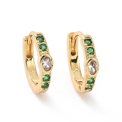 Real 18K Gold Plated Green Cubic Zirconia Oval Hoop Earrings, Brass Jewelry for Women, Cadmium Free & Nickel Free & Lead Free, Real 18K Gold Plated, 13x14x2.5mm, Pin: 0.8mm