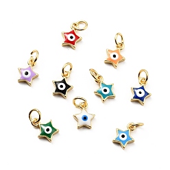 Mixed Color Rack Plating Brass Enamel Charms, with Jump Rings, Cadmium Free & Lead Free, Real 18K Gold Plated, Star with Evil Eye, Mixed Color, 9.5x7.5x2.6mm, Hole: 3mm