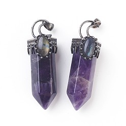 Amethyst Natural Amethyst Big Pendants, Pointed Pendant, with Brass Findings and Oval Natural Labradorite Cabochons, Faceted, Bullet, Antique Silver, 60~62x20x23~24mm, Hole: 5.5x7mm