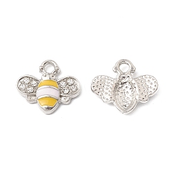 Misty Rose Platinum Plated Alloy Enamel Charms, with Rhinestone, Bee Charm, Misty Rose, 12.5x14.5x2.5mm, Hole: 1.8mm