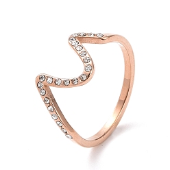 Розовое Золото Кольцо на палец с волнистыми кристаллами и стразами, ионное покрытие (ip) 304 ювелирные изделия из нержавеющей стали для женщин, розовое золото , размер США 7 (17.3 мм)