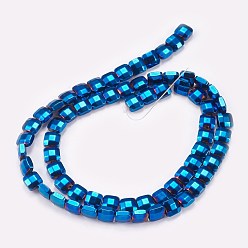 Blue Plated Electroplated Non-magnetic Synthetic Hematite Beads Strands, Faceted, Square, Blue Plated, 8x8x3mm, Hole: 0.5mm, about 50pcs/strand, 15.9 inch(40.5cm)