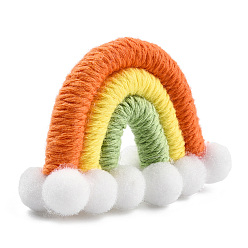 Coral Polycotton(Polyester Cotton) Woven Rainbow Wall Hanging, Macrame Woven Rainbow with Pompom, Coral, 35~37x48~52x16~17.5mm