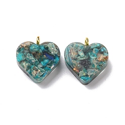 Dark Turquoise Transparent Resin Natural Imperial Jasper Dyed Chips Pendants, with Golden Tone Brass Loops, Heart Charm, Dark Turquoise, 16.5x15.5x6~6.5mm, Hole: 2mm