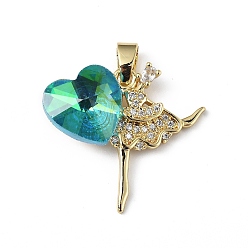 Medium Sea Green Real 18K Gold Plated Rack Plating Brass Micro Pave Clear Cubic Zirconia Pendants, with Glass, Long-Lasting Plated, Cadmium Free & Lead Free, Dancer with Heart Charm, Medium Sea Green, 23x24.5x8.2mm, Hole: 5x3.2mm