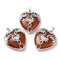 Red Agate Natural Red Agate Heart Pendant Rhinestone Settings, Rack Plating Platinum Plated Brass Wings Charms, Long-Lasting Plated, Fit for 3mm Rhinestone, 37x33x10~11.5mm, Hole: 8x5mm
