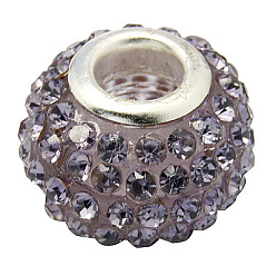 Tanzanite Grade A Rhinestone European Beads, Large Hole Beads, Resin, with Silver Color Plated Brass Core, Rondelle, Mauve, 15x10mm, Hole: 5mm