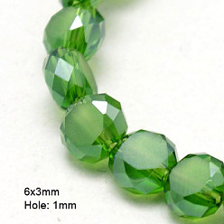 Lime Green Electroplate Glass Beads, Half Plated, Faceted, Frosted, Flat Round, Lime Green, 6x3mm, Hole: 1mm