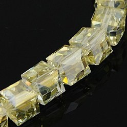 Champagne Yellow Electorplated Glass Beads, Rainbow Plated, Faceted, Cube, Champagne Yellow, 10~11x10~11x10~11mm, Hole: 1mm