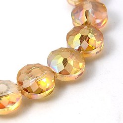 Orange Electorplated Glass Beads, Rainbow Plated, Faceted, Flat Round, Orange, 14x9mm, Hole: 1mm