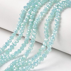 Aquamarine Electroplate Glass Beads Strands, Imitation Jade Beads, Full Rainbow Plated, Faceted, Rondelle, Aquamarine, 4x3mm, Hole: 0.4mm, about 123~127pcs/strand, 16.5~16.9 inch(42~43cm)