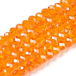 Orange Red Electroplate Glass Beads Strands, Pearl Luster Plated, Faceted, Rondelle, Orange Red, 4x3mm, Hole: 0.4mm, about 123~127pcs/strand, 16.5~16.9 inch(42~43cm)