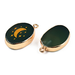 Dark Olive Green Natural Agate Pendants, with Light Gold Plated Brass Edge & Iorn Loops, Gold Powder, Dyed & Heated, Oval with Moon Charm, Dark Olive Green, 23~24x15~16.5x4~6.5mm, Hole: 1.6mm