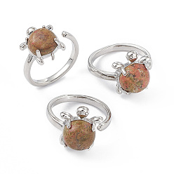 Unakite Natural Unakite Turtle Open Cuff Ring, Platinum Brass Jewelry for Women, Inner Diameter: 16.2mm