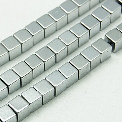 Plaqué Gris Non-magnétiques perles d'hématite synthétique brins, cube, platinée, 4x4x4mm, Trou: 1mm