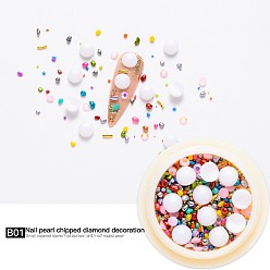 White Nail Art Decoration Accessories, with Resin Rhinestones, ABS Plastic Imitation Pearl Cabochons, Glass Beads and Brass Cabochons, Chip & Tube & Half Round, White, 6x4mm & 3x1mm & 4x1mm & 0.5~5x0.5~3x0.5~3mm
