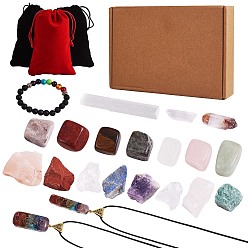 Piedra Mixta Kit de fabricación de collar de pulsera de piedras preciosas de chakra diy, incluyendo cuentas de piedras naturales mixtas y pulsera y collar, 21 unidades / caja