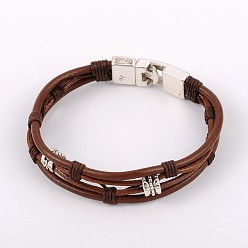 Brun Saddle Peau de vache à la mode cordon de cuir bracelets multi-brins, avec cordon ciré, accessoires de style tibétain et fermoirs verrouillage snap, selle marron, 210mm