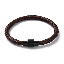 Coconut Brown Leather Braided Round Cord Bracelet, with 304 Stainless Steel Magnetic Clasps for Men Women, Coconut Brown, 8-1/4 inch(21cm)