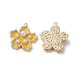 Jaune Pendentifs en émail, avec les accessoires en laiton et perles acryliques, réel 18 k plaqué or, fleur, jaune, 16.5x15x4mm, Trou: 1mm