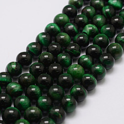 Dark Green Natural Tiger Eye Bead Strands, Round, Dyed & Heated, Dark Green, 6mm, Hole: 1.2mm, about 63pcs/strand, 14.9 inch~15.5 inch