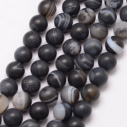 Black Natural Striped Agate/Banded Agate Bead Strands, Round, Grade A, Frosted, Dyed & Heated, Black, 8mm, Hole: 1mm, about 47pcs/strand, 15 inch