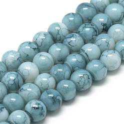 Sky Blue Baking Painted Glass Beads Strands, Swirl Glass Beads, Round, Sky Blue, 8~8.5mm, Hole: 1.5mm, about 105pcs/strand, 31.8 inch(80.7cm)