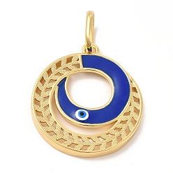 Blue Brass Pendants, with Enamel, Real 18K Gold Plated, Long-Lasting Plated, Round Ring with Evil Eye Charm, Blue, 36.5x32.5x3.5mm, Hole: 11x7.5mm
