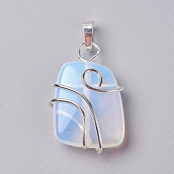 Opalite Opalite Pendants, with Brass Findings, Trapezoid, Silver Color Plated, 32~33x21~23x10~11mm, Hole: 8x5mm
