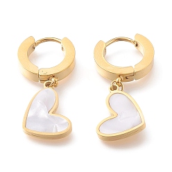Golden 304 Stainless Steel Huggie Hoop Earrings, with Natural White Shell, Heart, Golden, 30.5mm, Pin: 1mm