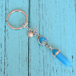 Natural Agate Natural Blue Agate Bullet Pendant Keychains, with Alloy Starfish & Shell Shape, 3.5cm