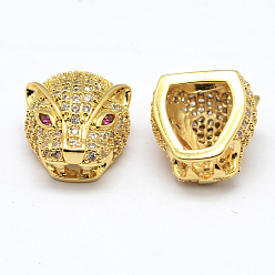 Real 18K Gold Plated CZ Brass Micro Pave AAA Cubic Zirconia 3D Leopard Head Beads, Lead Free & Nickel Free & Cadmium Free, Real 18K Gold Plated, 14x13x9mm, Hole: 3x2mm