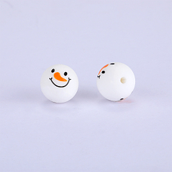 Blanco Cuentas focales de silicona redondas con estampado navideño y estampado de muñeco de nieve., blanco, 15x15 mm, agujero: 2 mm
