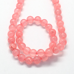 Light Coral Natural Dyed Green Jade Gemstone Bead Strands, Round, Light Coral, 6mm, Hole: 1mm, about 66pcs/strand, 15.7 inch