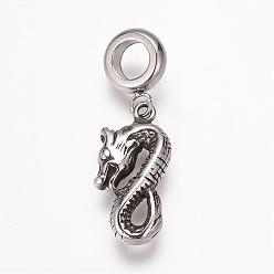 Dragon 304 Stainless Steel European Dangle Charms, Large Hole Pendants, Antique Silver, Chinese Zodiac, Dragon, 30mm, Hole: 5mm, Pendant: 20x10x4mm