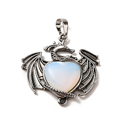 Opalite Opalite Heart Pendants, Dragon Charms, with Rack Plating Antique Silver Plated Brass Findings, Lead Free & Cadmium Free, 33x33.5~34x7~7.5mm, Hole: 8x5mm