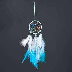 Deep Sky Blue Synthetic & Natural Mixed Stone Pendant Decorations, with Cotton Thread, Woven Net/Web with Feather, Deep Sky Blue, 490mm