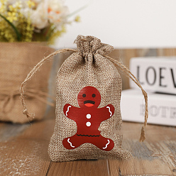 Gingerbread Man Christmas Theme Linenette Drawstring Bags, Rectangle with Gingerbread Man Pattern, Peru, Gingerbread Man Pattern, 14x10cm