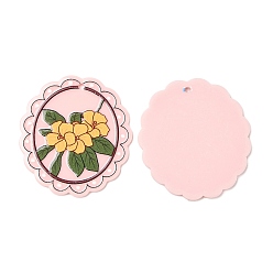 Pink Colgantes de acrílico, ovalada con flores, rosa, 42.5x39x2 mm, agujero: 2 mm