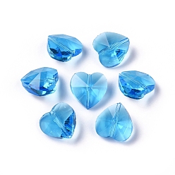 Dodger Blue Transparent Glass Beads, Faceted, Heart, Dodger Blue, 14x14x8~9mm, Hole: 1~1.2mm