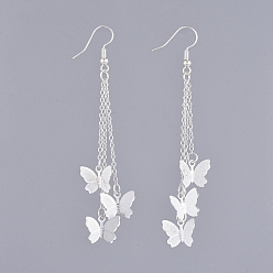 Silver Dangle Earrings, with Brass Cable Chains, Earring Hooks and Filigree Pendants, Butterfly, Silver Color Plated, 84mm