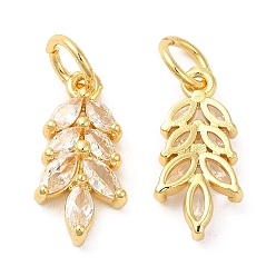 Real 18K Gold Plated Rack Plating Brass Pave Cubic Zirconia Pendants, Leaf Charms with Jump Ring, Long-Lasting Plated, Lead Free & Cadmium Free, Real 18K Gold Plated, 16x8x3mm, Hole: 4mm