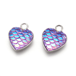Medium Purple 304 Stainless Steel Pendants, with Resin, Heart with Fish Scale Shape, Stainless Steel Color, Medium Purple, 16x13x3.5mm, Hole: 2mm