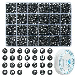 Black 1200Pcs DIY Acrylic Bead Stretch Bracelets Kits for Children's Day, Including Flat Round Beads and Clear Elastic Crystal Thread, Letter & Heart, Black, 7x7x3.5mm, Hole: 1.2mm, 1200pcs/Box