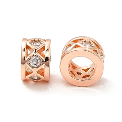 Rose Gold Rack Plating Brass Micro Pave Cubic Zirconia European Beads, Large Hole Beads, Long-Lasting Plated, Cadmium Free & Lead Free, Column with Rhombus, Rose Gold, 9.5x6.5mm, Hole: 6mm