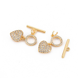 Real 18K Gold Plated Brass Micro Pave Clear Cubic Zirconia Toggle Clasps, Nickel Free, Heart & Bar, Real 18K Gold Plated, Heart: 11.5x10.5x6mm, bar: 15.5x4x1.5mm, Hole: 1.5mm~1.8mm
