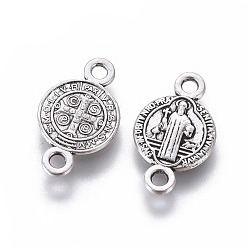 Antique Silver Tibetan Style Alloy Links connectors, Flat Round with Saint Benedict, Cadmium Free & Lead Free, Antique Silver, 15x9x1.5mm, Hole: 1.5mm, about 1000pcs/1000g